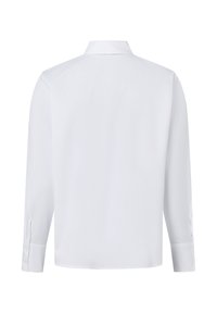 White long-sleeve shirt with a classic collar, button cuffs, and a smooth texture, featuring a straight hem and minimal design details.