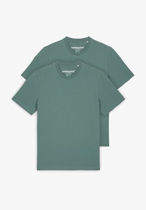 Two short-sleeve T-shirts in a muted green color. Made of soft fabric with a crew neckline and a relaxed fit.