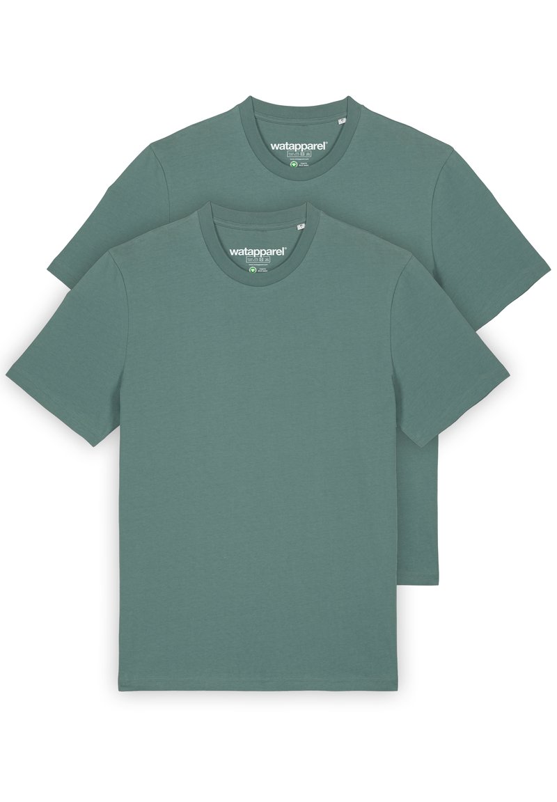 Deux T-shirts à manches courtes de couleur vert atténué. Fabriqués en tissu doux avec un col rond et une coupe décontractée.