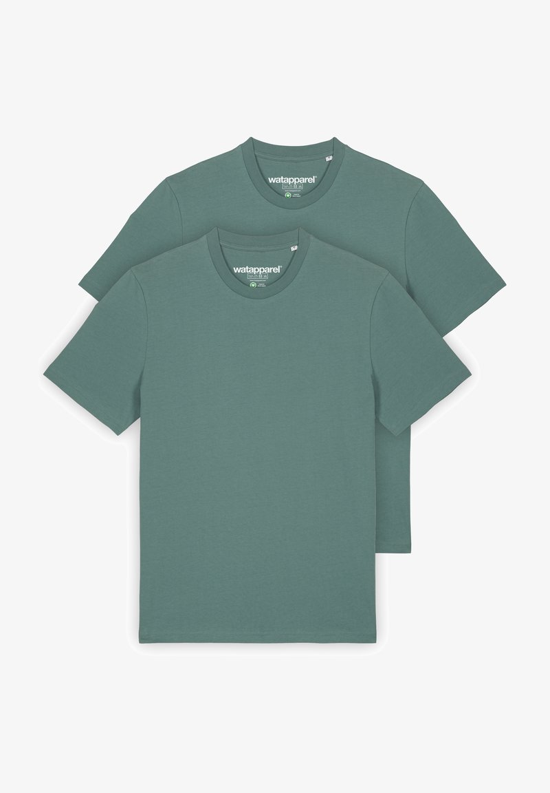 Deux T-shirts à manches courtes de couleur vert atténué. Fabriqués en tissu doux avec un col rond et une coupe décontractée.