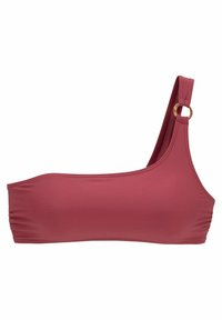Top de biquíni assimétrico numa cor rosa profundo, feito de um tecido suave. Apresenta uma única alça no ombro e um detalhe em anel dourado.