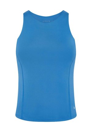 Blue athletic tank top with a round neckline, no sleeves, smooth fabric, a fitted shape, and subtle seam detailing on the sides.