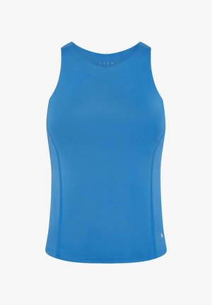 Sinine sportlik tank top, ümar kaelus, ilma varrukateta, sile kangas, keha lähedane lõige ja peened õmbluste detailid külgedel.