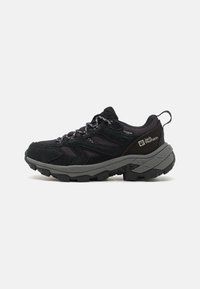 Black hiking shoe featuring a suede and mesh design, textured rubber sole, and reflective laces with a pull tab at the heel.