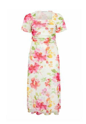 Abito midi bianco con stampa floreale rosa, rossa e gialla, maniche corte, corpetto arricciato e scollo quadrato.