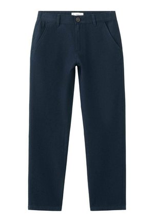 Pantalon bleu marine en tissu robuste, avec fermeture à bouton, poches avant et coupe droite.