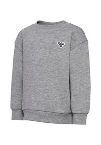 Grå sweatshirt tillverkad av mjukt material, med rund halsringning, sänkta axlar, ribbade manschetter och en liten broderad design på bröstet.