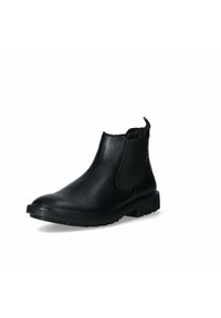 Stivaletti neri in pelle con pannelli elastici laterali, punta arrotondata e suola in gomma texturizzata; linguetta sul retro per un facile indossamento.