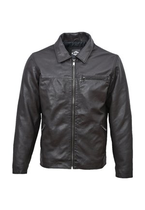 Chaqueta de cuero negra con cuello tipo solapa, cierre frontal con cremallera y dos bolsillos laterales con cremallera. Presenta un acabado suave y texturizado.