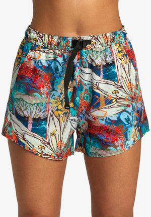 Colorful swim shorts with a floral design, featuring a drawstring waistband, lightweight fabric, and a vibrant mix of blues, greens, and reds.