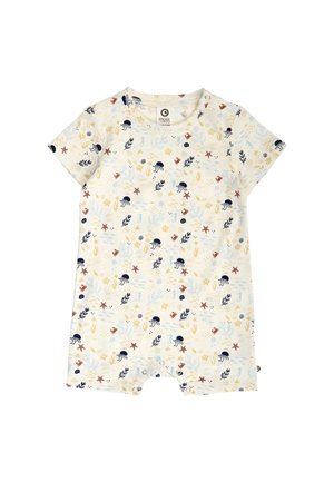 Short-sleeve baby romper with marine life print including starfish, jellyfish, seaweed, and seashells on a light background.