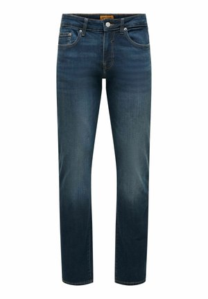 Jean droit bleu foncé avec poches avant, passants pour ceinture, fermeture par bouton et légère décoloration sur les cuisses et les genoux.