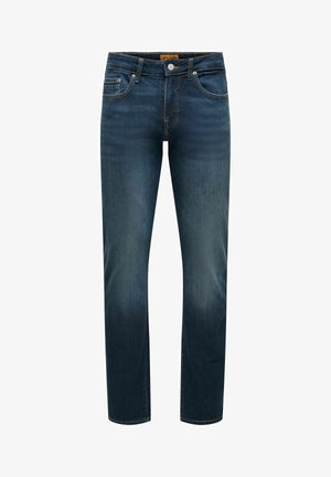 Dunkelblaue Jeans mit geradem Bein, vorderen Taschen, Gürtelschlaufen, Knopfverschluss und subtiler Verblassung an Oberschenkeln und Knien.
