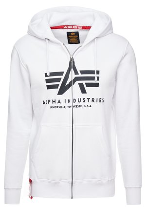Bela zip-up kapuca iz mešanice bombaža, z nalepko črnega logotipa, kenguru žepi in nastavljivimi vrvicami na kapuci.
