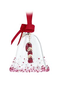 Adorno en forma de campana de cristal transparente con cinta roja. El interior presenta un conjunto de cuentas rojas y doradas y confeti rosa en la base.