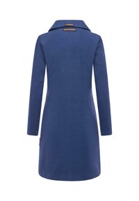 Blue, long-sleeved coat with a wide collar, smooth texture, fitted design, and two brown accent tags on the back near the neckline.