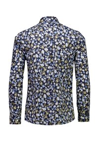 Koszula z długim rękawem w granatowym kolorze z kwiatowym wzorem w jasnoniebieskim i kremowym odcieniu, z kołnierzykiem i dopasowanym krojem.