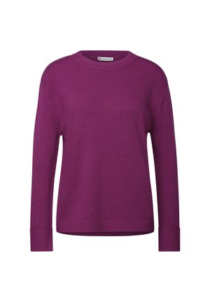 Maglione viola lavorato a maglia con scollo rotondo, maniche lunghe e polsini e fondo a costine. Tessuto liscio e leggero.