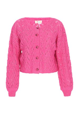 Rosa gestrickte Jacke mit einem verkürzten Design, das ein strukturiertes Muster, lange Ärmel und fünf passende Knöpfe auf der Vorderseite aufweist.