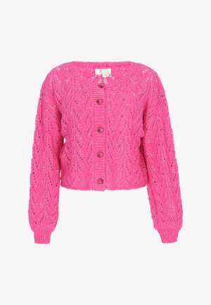 Rosa gestrickte Jacke mit einem verkürzten Design, das ein strukturiertes Muster, lange Ärmel und fünf passende Knöpfe auf der Vorderseite aufweist.