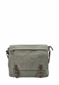 Grå stoffemessengerbag med klaff, med lærdetaljer og to metallspenner. Justerbar skulderreim og frontlomme med glidelås.
