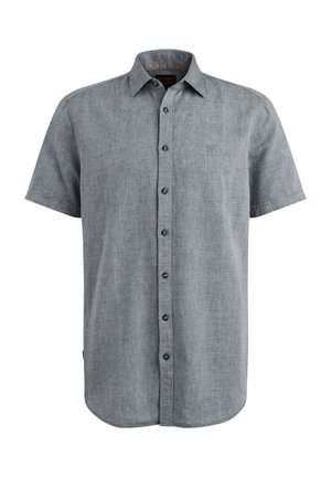 Short-sleeve, button-up shirt in a light gray fabric with subtle texture, featuring a pointed collar and brown buttons.