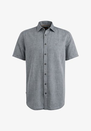 Korte mouwen, knoop-sluiting overhemd in een lichtgrijze stof met subtiele textuur, met een puntige kraag en bruine knopen.