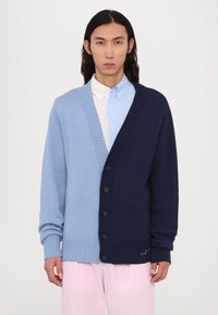 Cardigan de malha bicolor com seções em azul claro e azul marinho, bordas caneladas e cinco botões pretos na parte da frente. Estilizado com uma camisa azul clara.