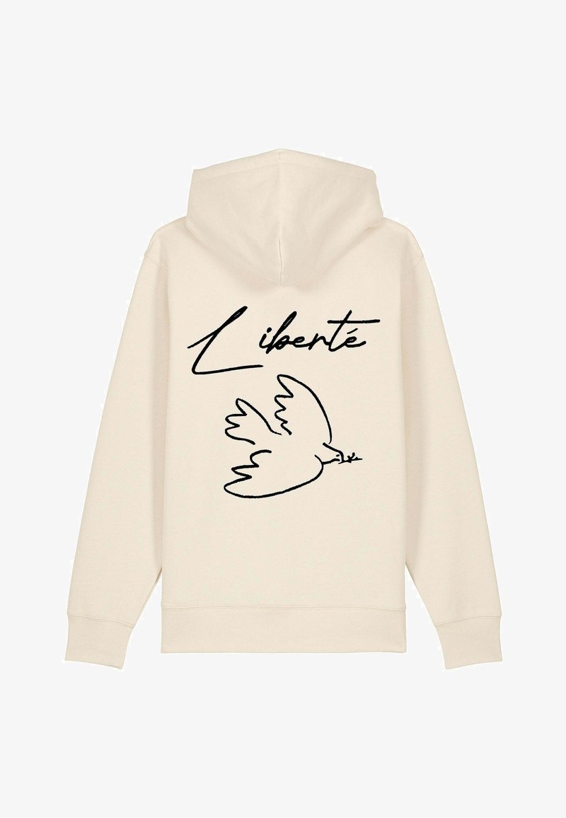 Cremefarbener Kapuzenpullover mit einem schwarzen Umrissdesign einer Taube, die einen Olivenzweig hält, und dem Wort "Liberté" darüber, mit einer Kapuze mit Kordelzug.