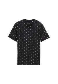 Camiseta negra de manga corta con un patrón repetido de piñas blancas, hecha de tejido suave, con cuello redondo y un corte regular.