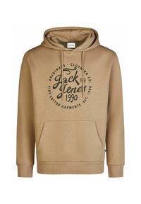 Beige cotton hoodie with a drawstring hood, front pocket, and a black circular logo detailing “Jack & Jones 1990” on the chest.