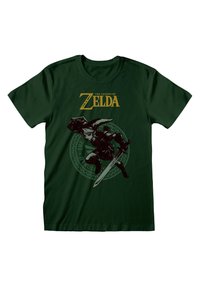 Dunkelgrünes Baumwoll-T-Shirt mit einer schwarzen Grafik eines Charakters mit einem Schwert, darüber der goldene Text "The Legend of Zelda".