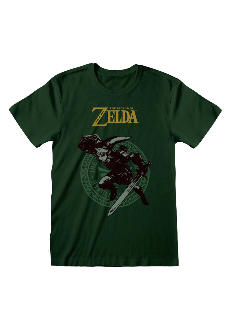 Dunkelgrünes Baumwoll-T-Shirt mit einer schwarzen Grafik eines Charakters mit einem Schwert, darüber der goldene Text "The Legend of Zelda".