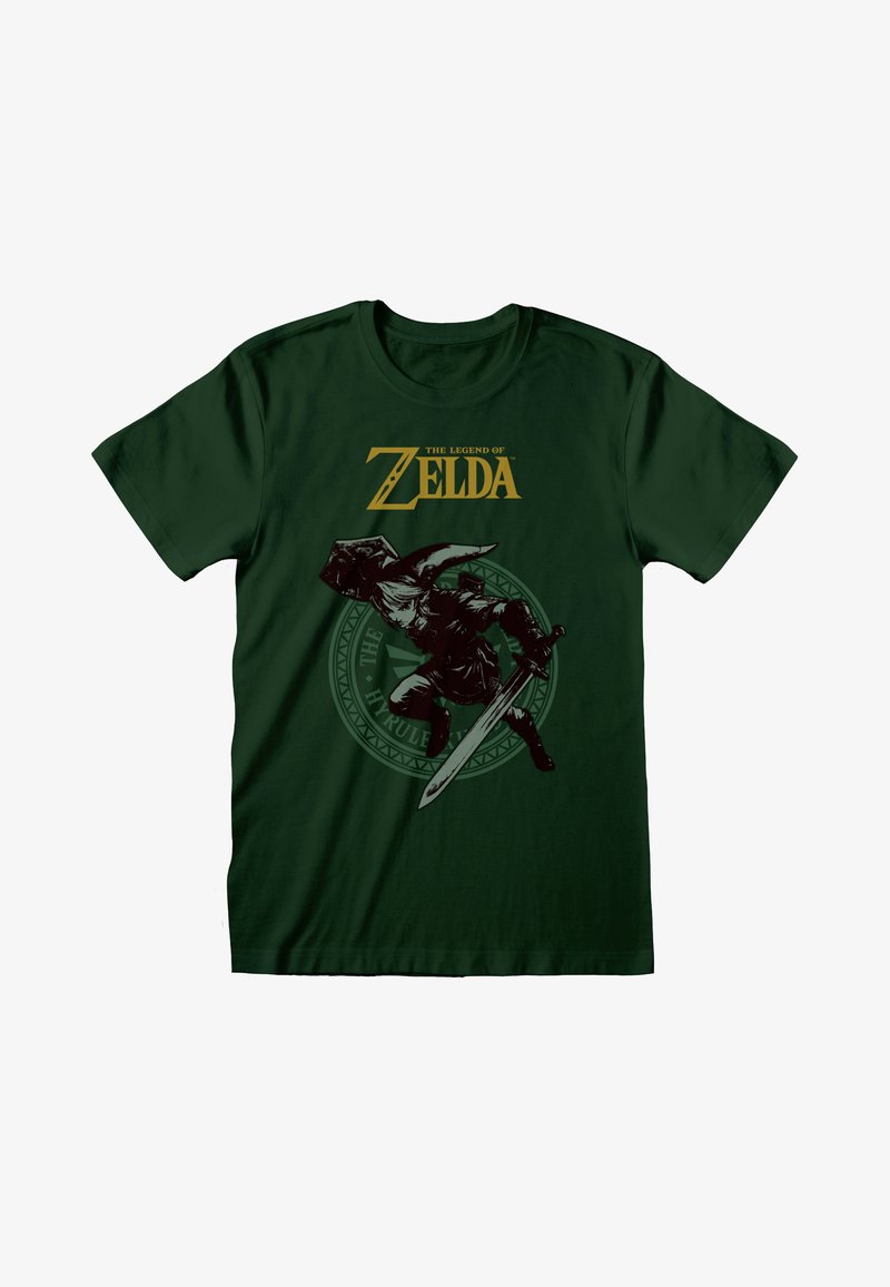 Dunkelgrünes Baumwoll-T-Shirt mit einer schwarzen Grafik eines Charakters mit einem Schwert, darüber der goldene Text "The Legend of Zelda".