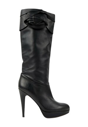 Botte noire en cuir à talon haut montant au genou avec revers plié et détail décoratif en forme de rose en haut.