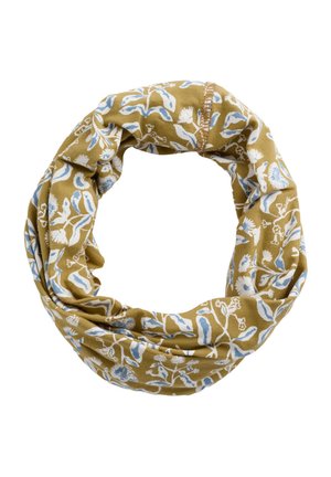 Fular circular din material textil verde măsliniu cu model floral alb și albastru deschis și cusături vizibile la șnur.