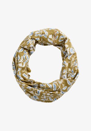 Fascia per collo circolare in tessuto verde oliva con motivo floreale bianco e azzurro chiaro e cuciture visibili lungo le cuciture.