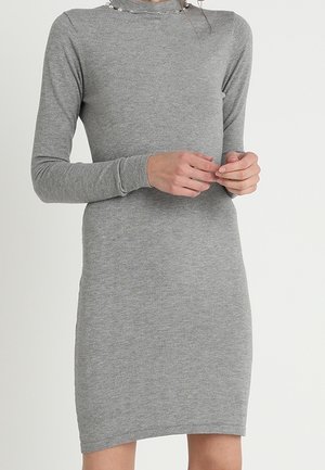 Robe grise à manches longues avec un col haut. Fabriquée en tissu extensible doux, silhouette ajustée et texture lisse.