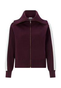 Bordo jakna z zadrgo, visokim ovratnikom, belimi črtami na rokavih ter rebrastimi manšetami in spodnjim robom. Ima zlato zadrgo in gladko teksturo.