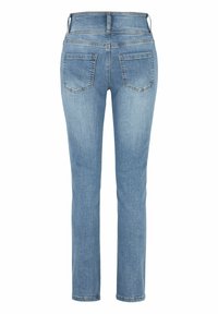 Ljust blå denimjeans med smal passform, med hög midja, två bakfickor och minimala söm detaljer.
