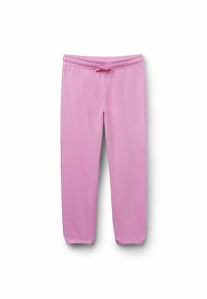 Pantalon de jogging rose doux avec taille élastique et cordon de serrage, doté de chevilles élastiques, présenté sur un fond blanc.