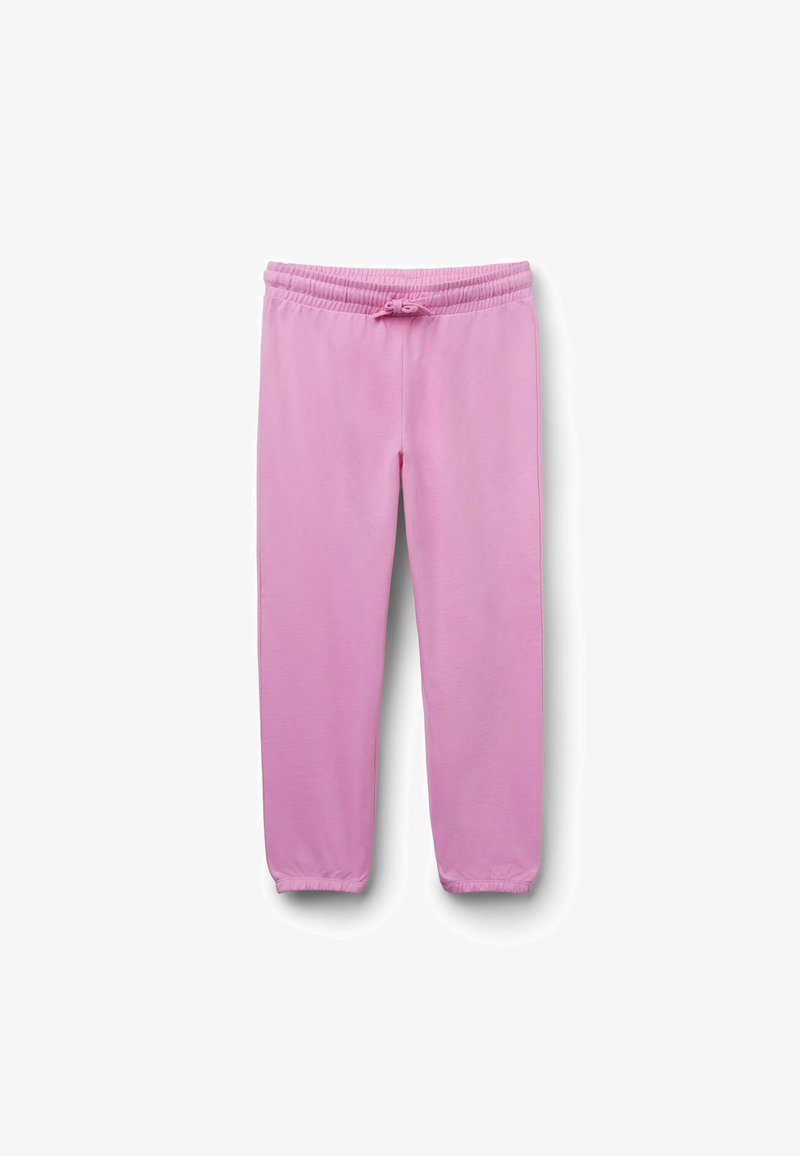 Pantalon de jogging rose doux avec taille élastique et cordon de serrage, doté de chevilles élastiques, présenté sur un fond blanc.