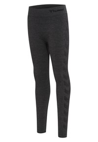 Svarta leggings gjorda av texturerad tyg med hög midja, med en logotyp upptill och ett chevronmönster längs sidorna.