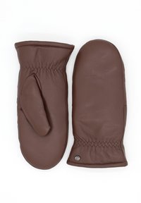 Braune Lederhandschuhe mit weicher Textur, die im linken Handschuh einen Daumenbereich und elastische Handgelenke für eine enge Passform aufweisen.