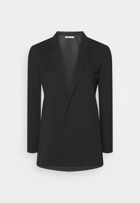 Černé sako s dlouhými rukávy, výraznými klopy a přizpůsobeným střihem. Vyrobené z hladké látky, s elegantní siluetou a bez viditelných zapínání.