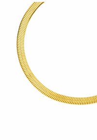 Goldfarbener Metallhalskette mit einem flexiblen, flachen Design, das aus miteinander verbundenen, zickzackförmigen Segmenten besteht. Glatte Oberfläche, kreisförmige Form.