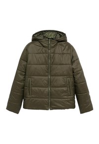 Olive green padded jacket with a hood, zip closure, two front pockets, and a textured interior featuring a camouflage pattern.