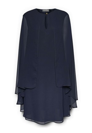 Granatowa sukienka do kolan z przezroczystą peleryną, okrągłym dekoltem i małym otworem z przodu zapinanym na złoty guzik.