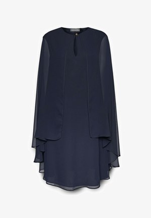 Navyblaues knielanges Kleid mit transparentem Cape-Überwurf, Rundhalsausschnitt und kleinem vorderen Ausschnitt mit goldfarbener Knopfleiste.