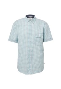Korte mouwen button-up shirt in lichtblauw en wit ruitpatroon, met een borstzak en een klassieke kraag. Zachte stoftextuur.